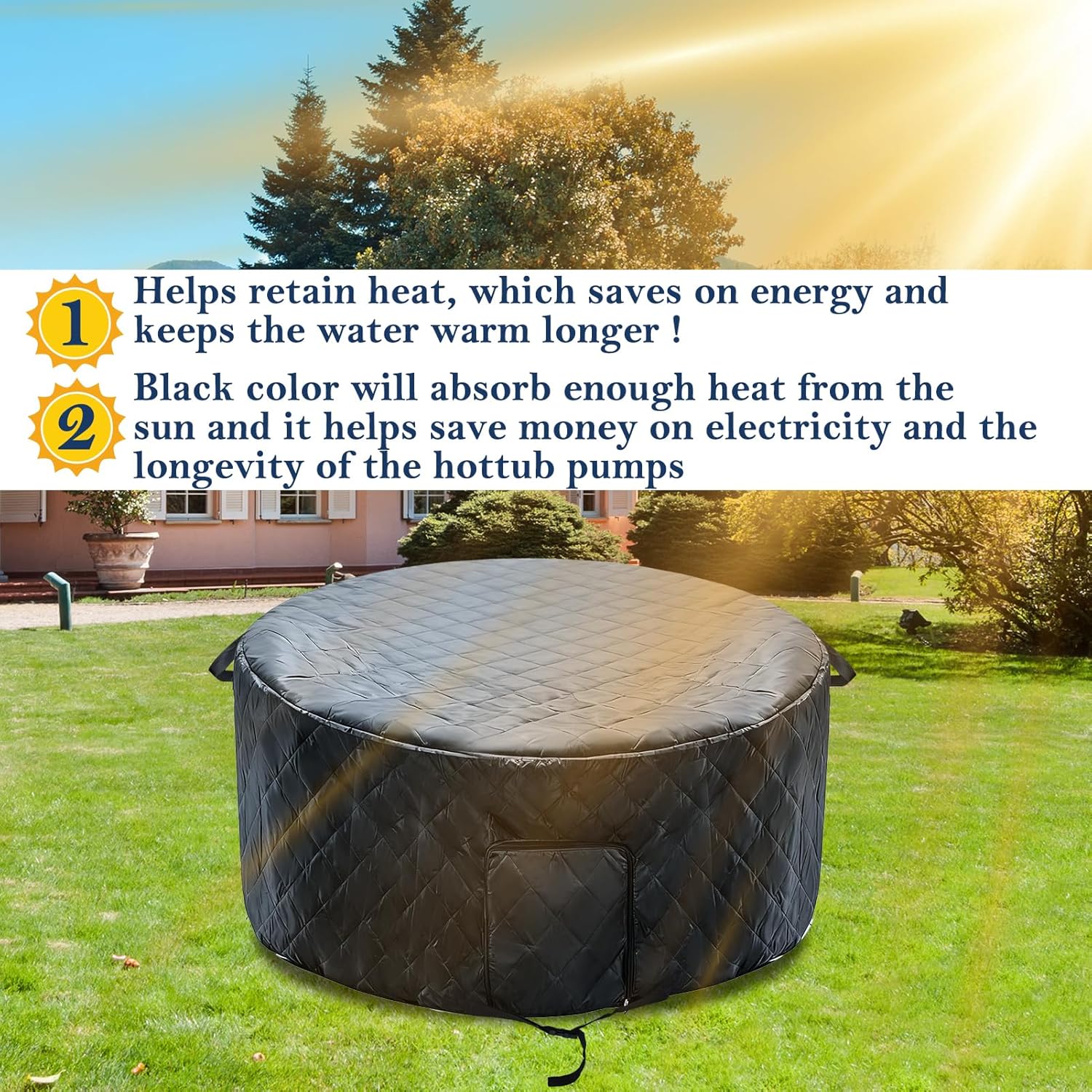Insulated Inflatable Hot Tub Cover Round Full Coverage Hot Tub Thermal Cover Cap Dustproof Outdoor Energy Saving Spa Covers with Zipper Door and Adjustable Strap for Keeping Warm (Black, 73"D x 28"H)