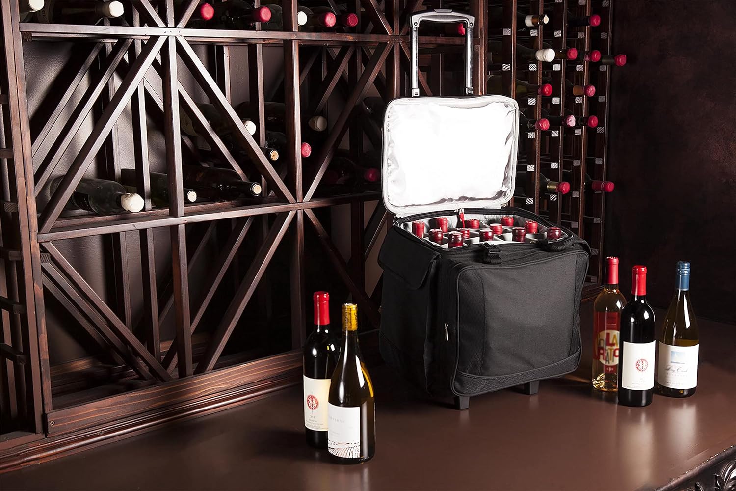 LEGACY - a Picnic Time Brand Bodega Rolling Wine Cooler, Insulated 12-Bottle Tote with Integrated Trolley and Luggage, (Black)