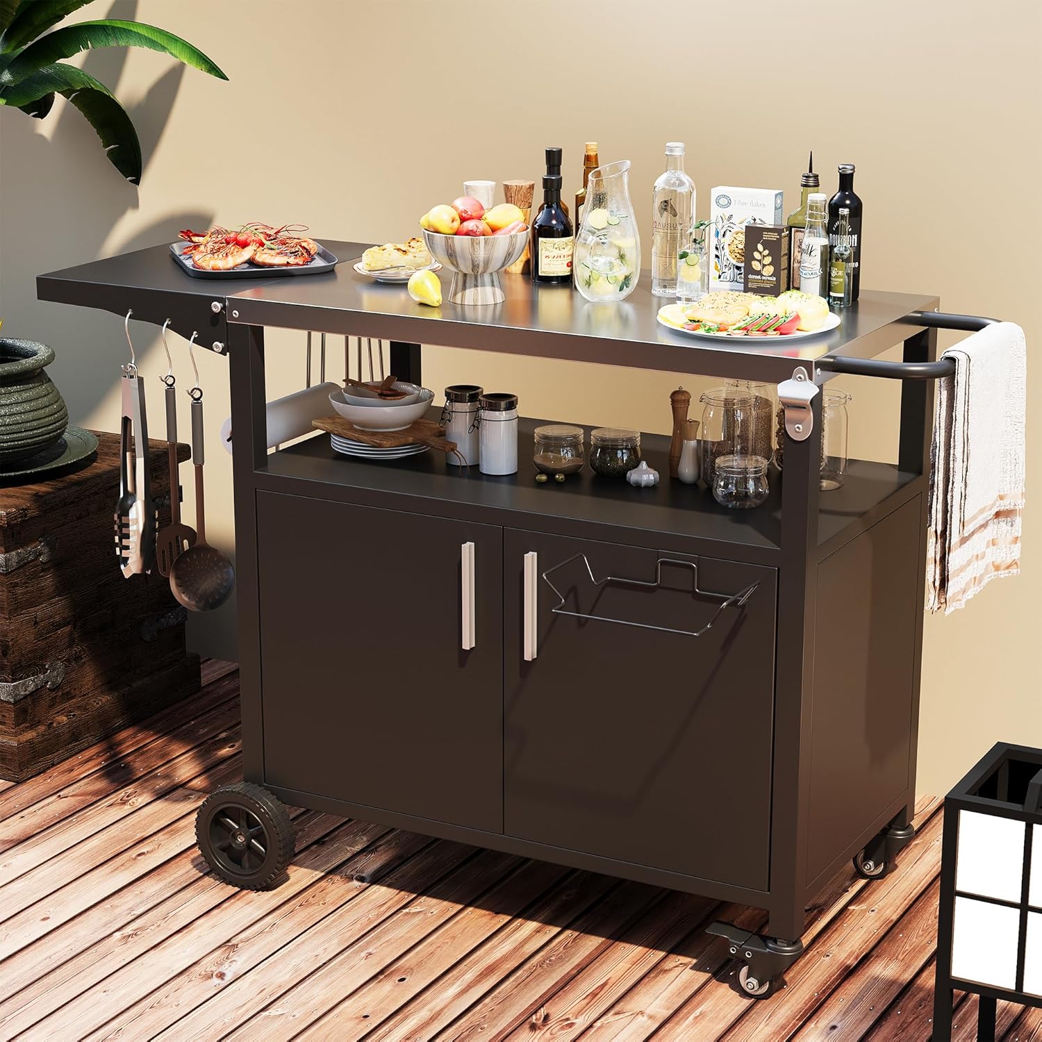 Vongrasig Grill Cart with Storage, Outdoor Bar Cart Rolling BBQ Movable Pizza Oven Table Stand with Foldable Stainless Steel Top & Storage Cabinet, Black