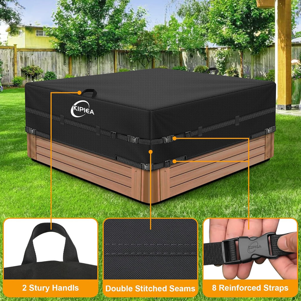 Kipiea 600D Outdoor Waterproof Square Hot Tub Cover Protector, Heavy Duty Polyester SPA Cover UV Protection Cover 85" L x 85" W x 20" H, Black