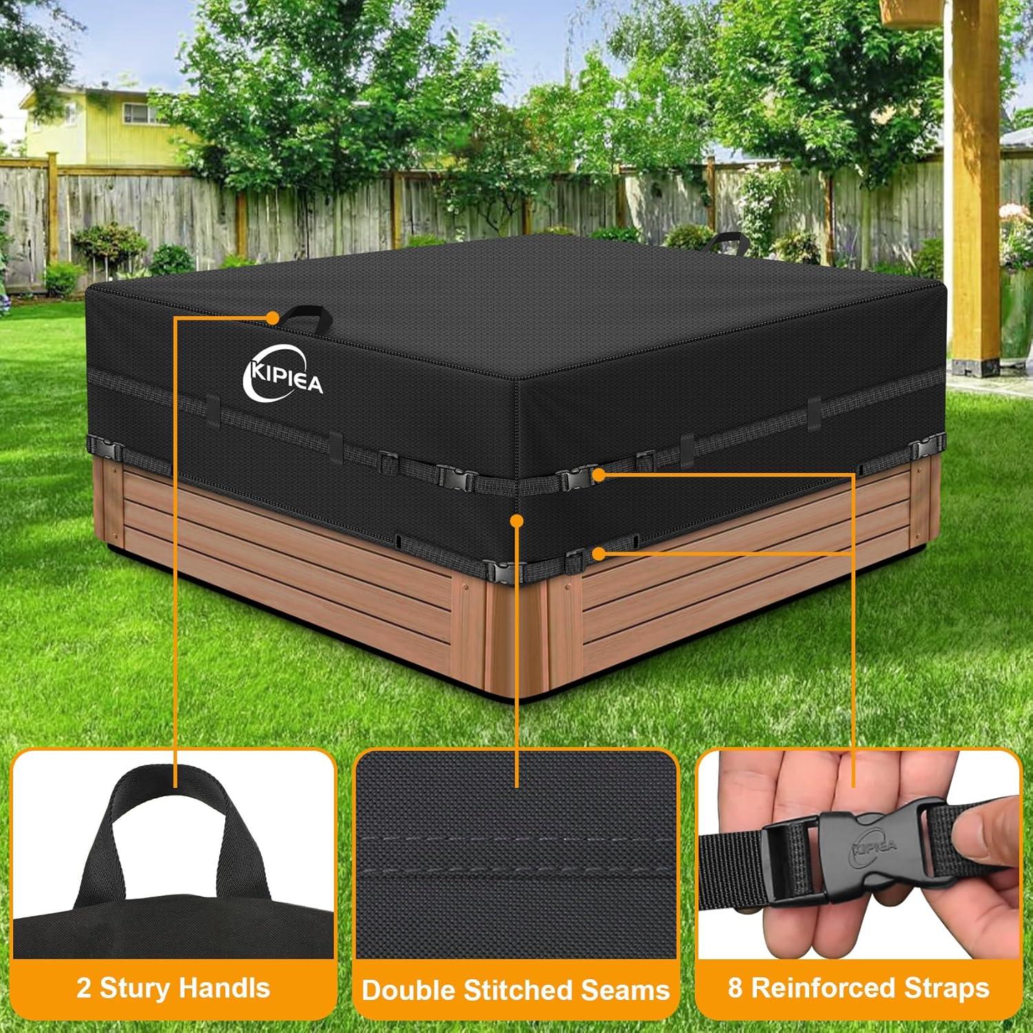 Kipiea 600D Outdoor Waterproof Square Hot Tub Cover Protector, Heavy Duty Polyester SPA Cover UV Protection Cover 85" L x 85" W x 20" H, Black