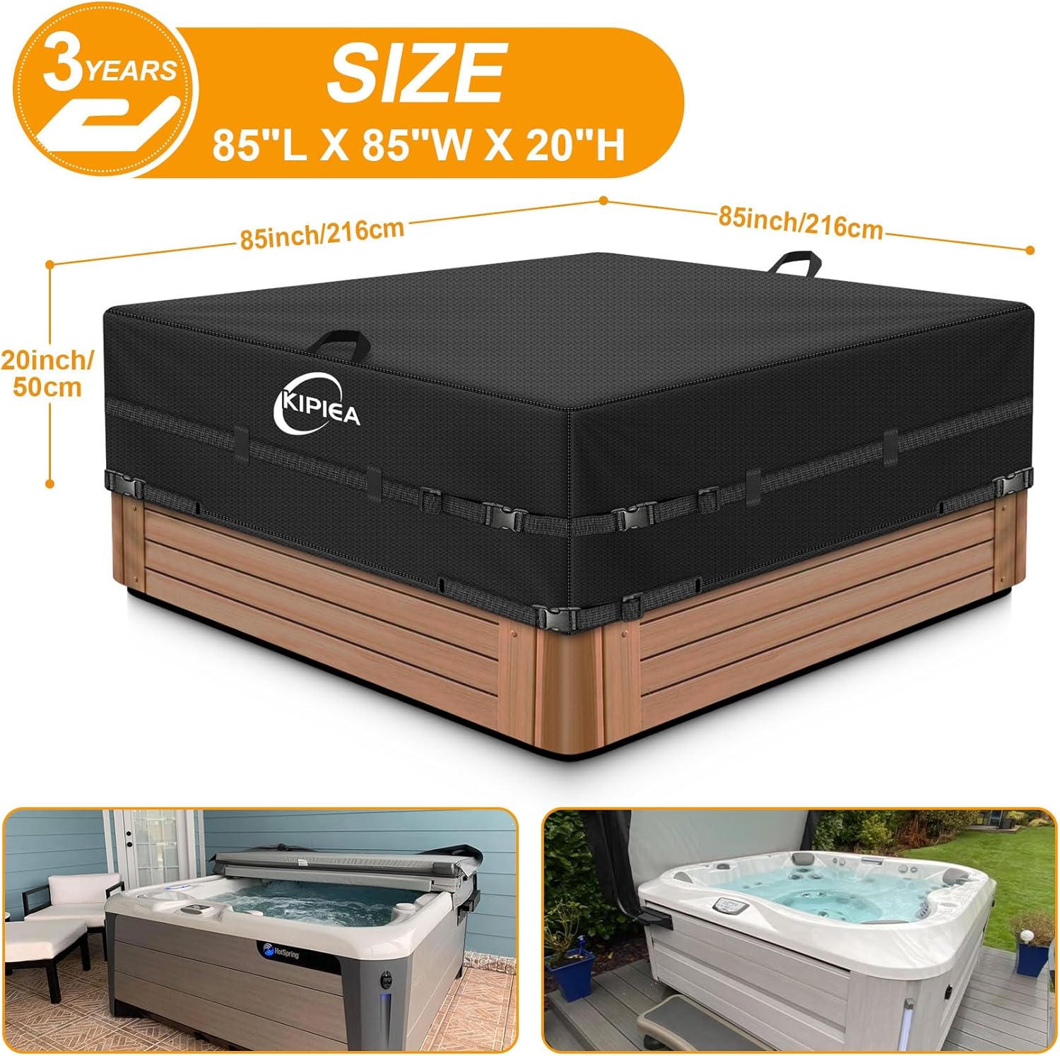 Kipiea 600D Outdoor Waterproof Square Hot Tub Cover Protector, Heavy Duty Polyester SPA Cover UV Protection Cover 85" L x 85" W x 20" H, Black