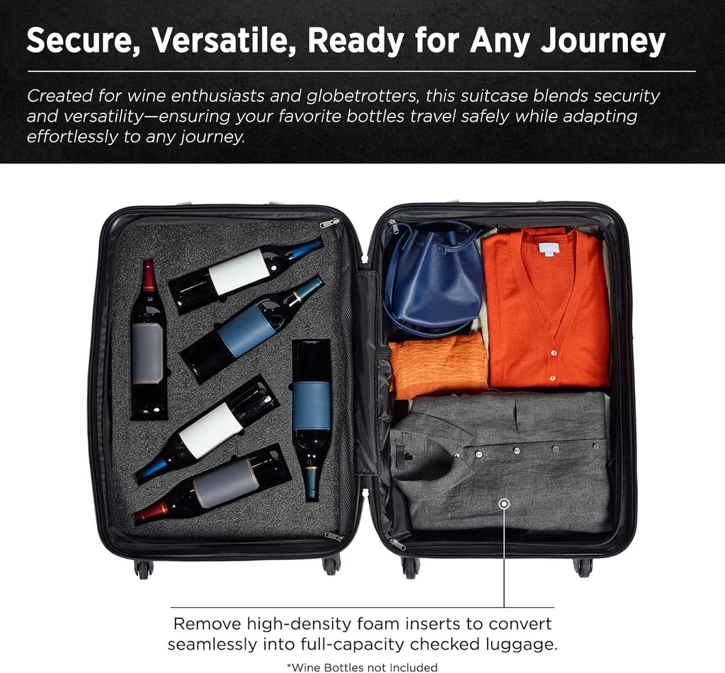 FlyWithWine® by VinGardeValise 12 Bottle Hard Shell Wine Suitcase with Hinomoto 360 Degree Spinner Wheels for Airplanes, TSA Approved Wine Luggage with Removable Foam Insert