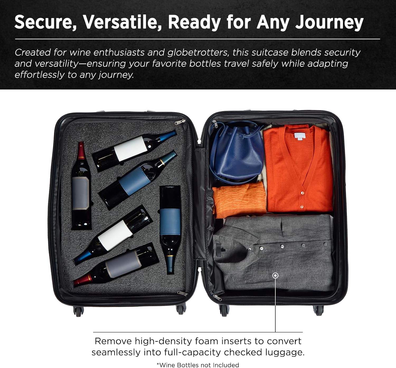 FlyWithWine® by VinGardeValise 12 Bottle Hard Shell Wine Suitcase with Hinomoto 360 Degree Spinner Wheels for Airplanes, TSA Approved Wine Luggage with Removable Foam Insert