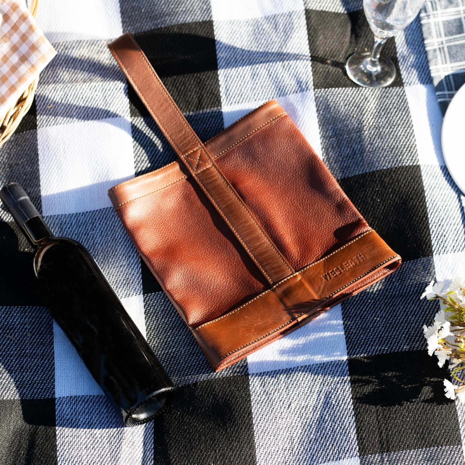Double Wine Carrier Bag – Leather Wine Tote for Two Bottles with Handle – Protective Carrier for Picnic, Wine Champagne Gift Bag (Sunset)
