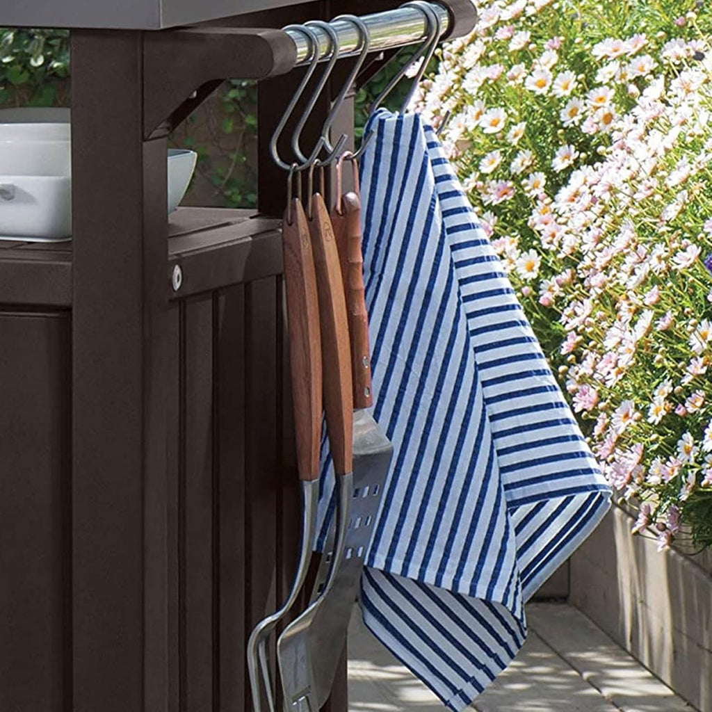 Keter Outdoor Grill Prep Table & Serving Cart, Stainless Steel Top, Unity, 40 Gal, Brown - Portable Bar Table and Cooking Accessory for Pool, Patio, Lawn, and Backyard
