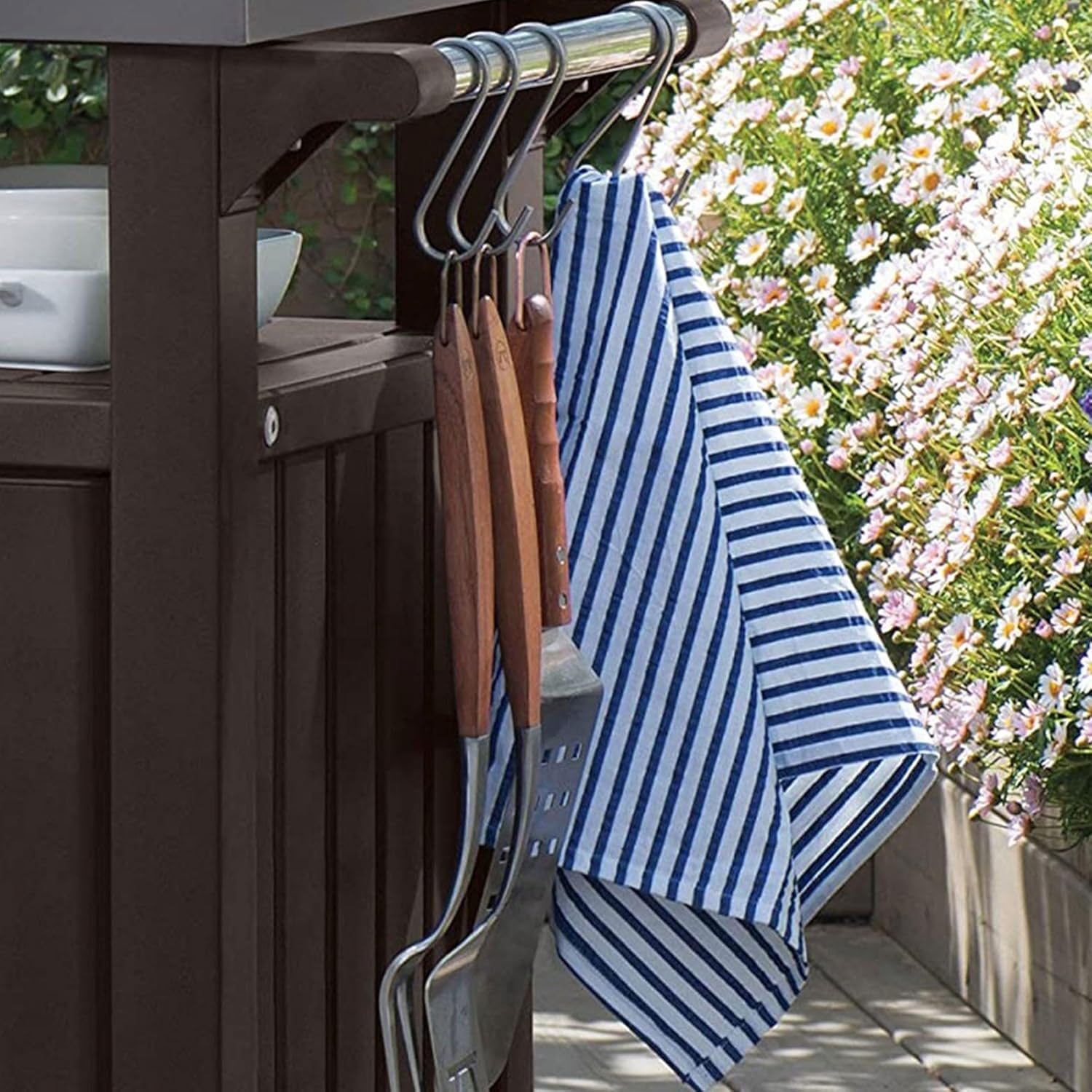 Keter Outdoor Grill Prep Table & Serving Cart, Stainless Steel Top, Unity, 40 Gal, Brown - Portable Bar Table and Cooking Accessory for Pool, Patio, Lawn, and Backyard